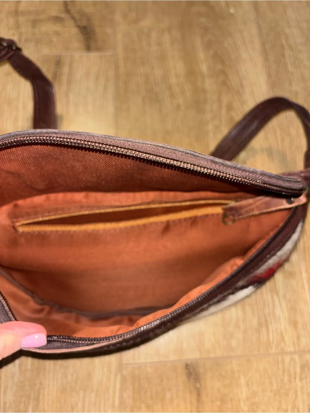 Genuine Leather and Woven Southwestern Crossbody Bag in Red, Cream & Brown